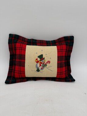 Vintage Snowman Needlepoint Wool Pillow Musical Red Green Tartan Plaid Border 12